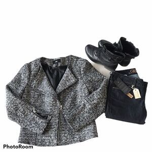 H&M Tweed‎ Zip-Up Moto Jacket Black /Grey size 8